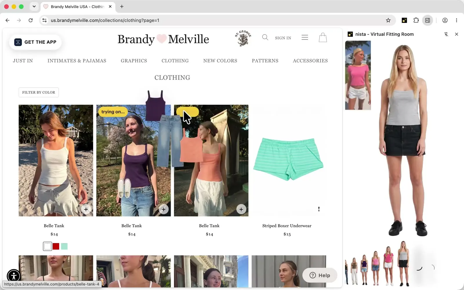 nista's fitting room beside a Brandy Melville shopping page, showing an avatar and previous outfit previews.